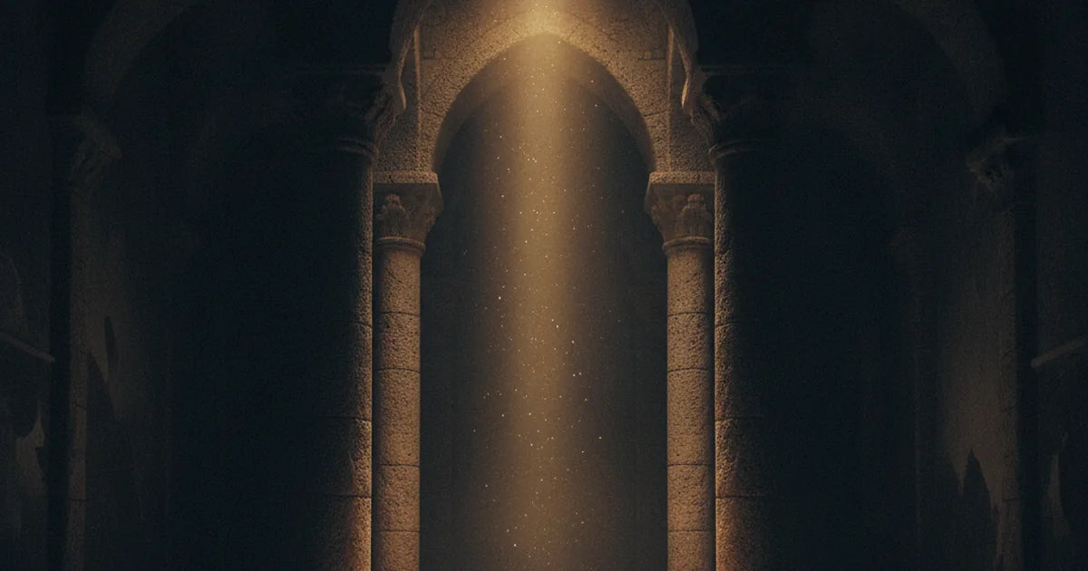 Tre colonne di pietra che si uniscono in un solo arco illuminato da un fascio di luce dorata