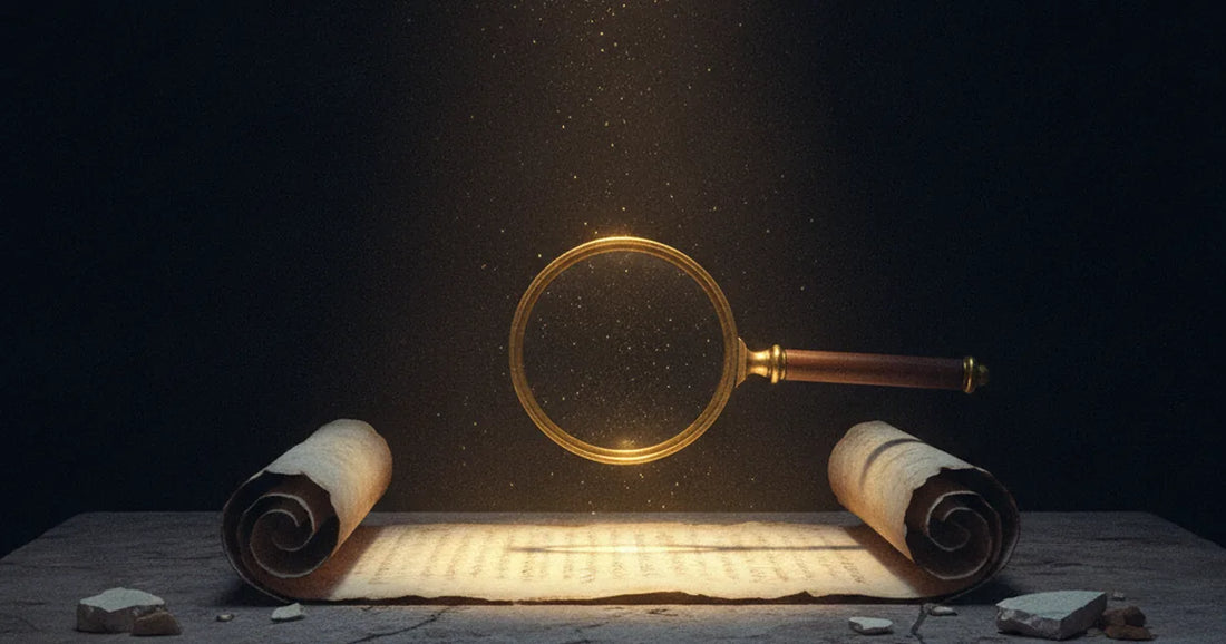 Antico rotolo di pergamena illuminato attraverso una lente antica, luce drammatica e polvere sospesa