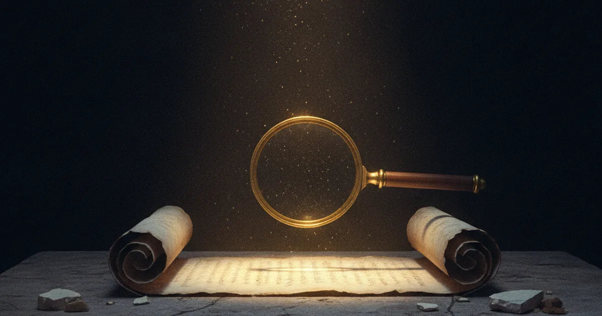 Antico rotolo di pergamena illuminato attraverso una lente antica, luce drammatica e polvere sospesa