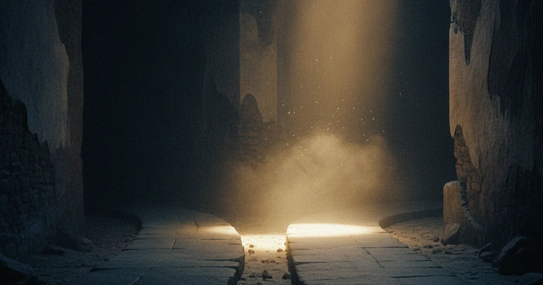 Due sentieri di pietra che si dividono nella nebbia, uno rischiarato da una luce dorata: le due vie verso Dio