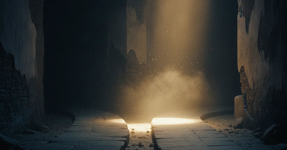 Due sentieri di pietra che si dividono nella nebbia, uno rischiarato da una luce dorata: le due vie verso Dio