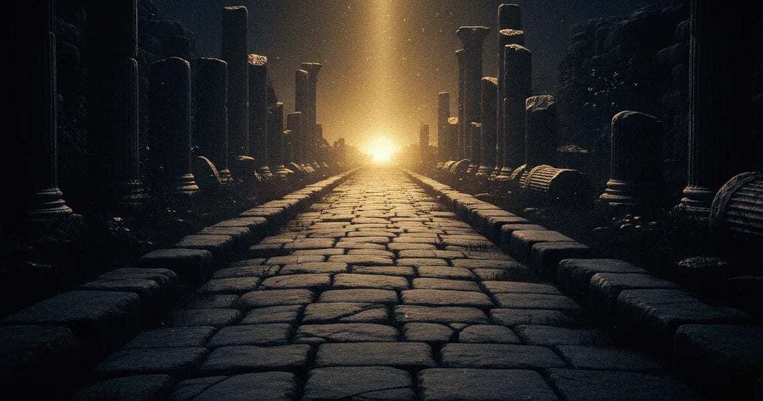 Un'antica via di pietra che si perde in un orizzonte dorato, tra rovine avvolte nell'ombra.