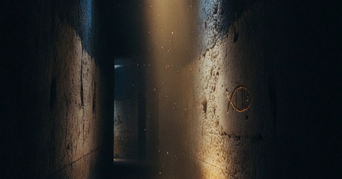 Corridoio delle catacombe romane con simbolo del pesce inciso nella pietra, illuminato da un raggio di luce