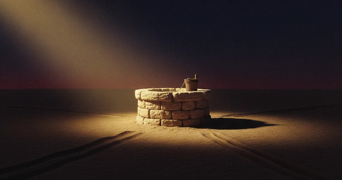 Un antico pozzo nel deserto da cui si diramano tre sentieri, simbolo delle tre fedi abramitiche