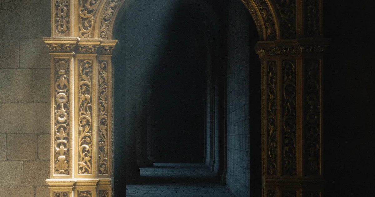 Soglia dorata tra un arco rinascimentale e un corridoio monastico in penombra, luce e silenzio a confronto
