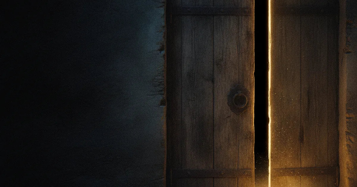 Antica porta di legno socchiusa in un muro di pietra, un fascio di luce dorata filtra nella penombra