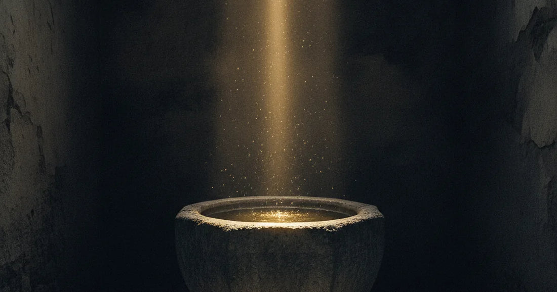 Fonte battesimale in pietra illuminato da un raggio di luce in una cappella buia