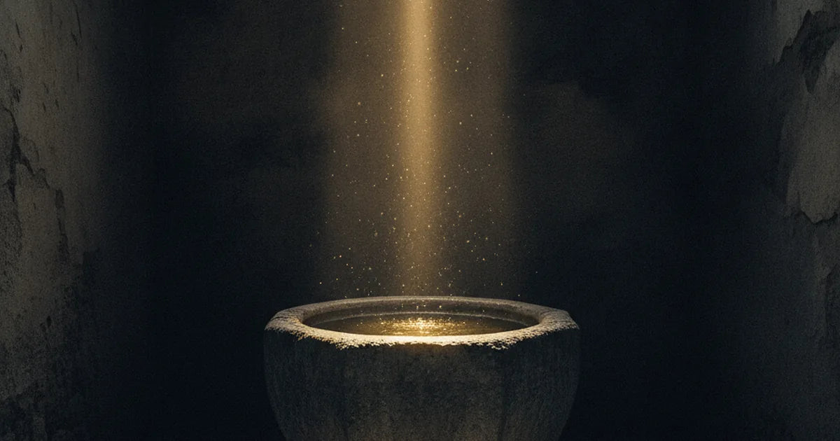 Fonte battesimale in pietra illuminato da un raggio di luce in una cappella buia