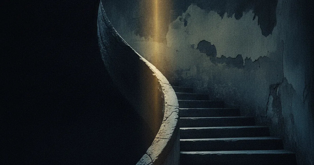 Scala di pietra che sale nel buio, illuminata dall'alto da un unico raggio dorato