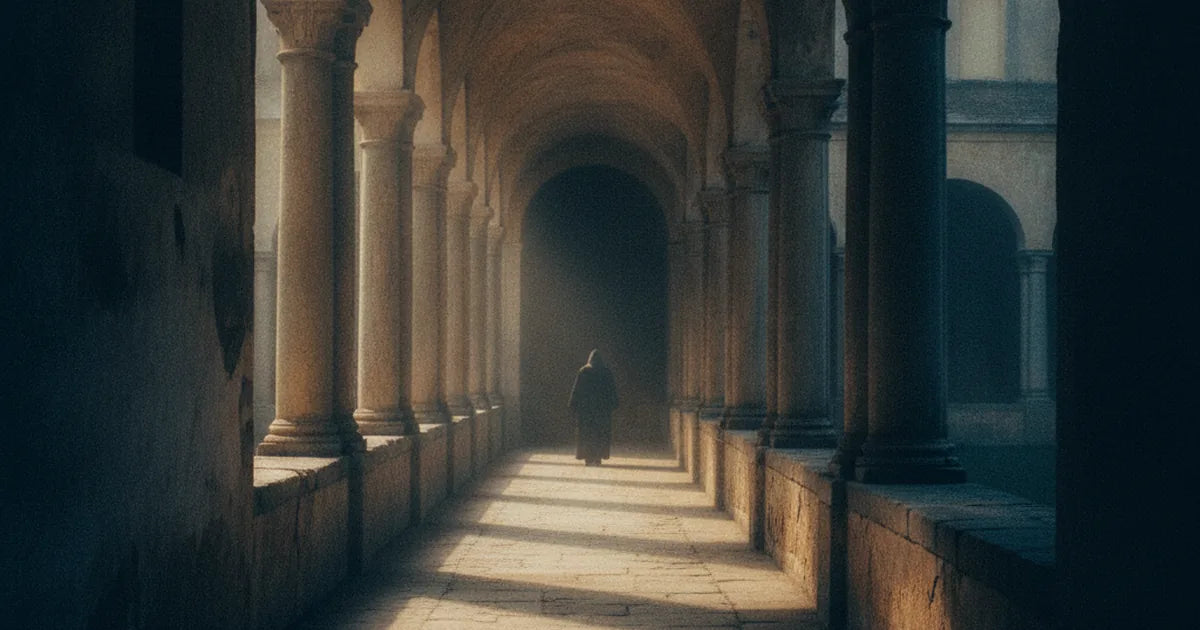 Chiostro monastico vuoto al tramonto, con una figura incappucciata che si allontana in ombra
