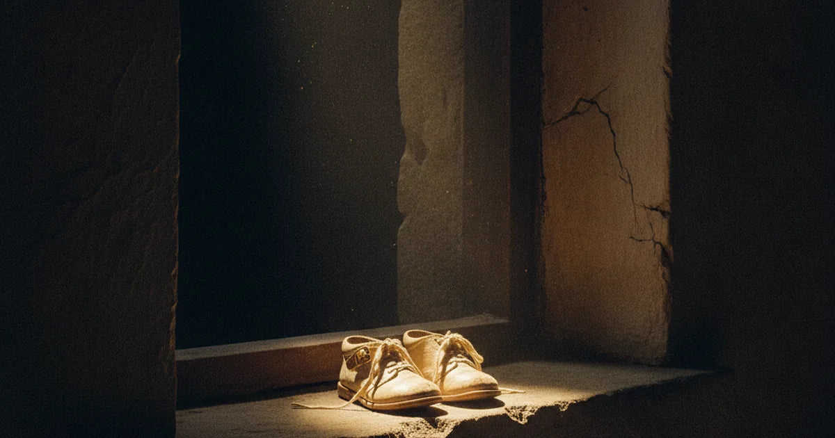 Piccole scarpe di bambino su una finestra di pietra, illuminate da un raggio di luce dorata nel buio