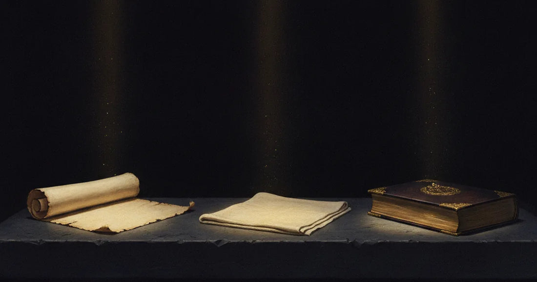 Tre fasci di luce su un tavolo di pietra illuminano un rotolo, un panno vuoto e un libro chiuso: le tre forme della rivelazione