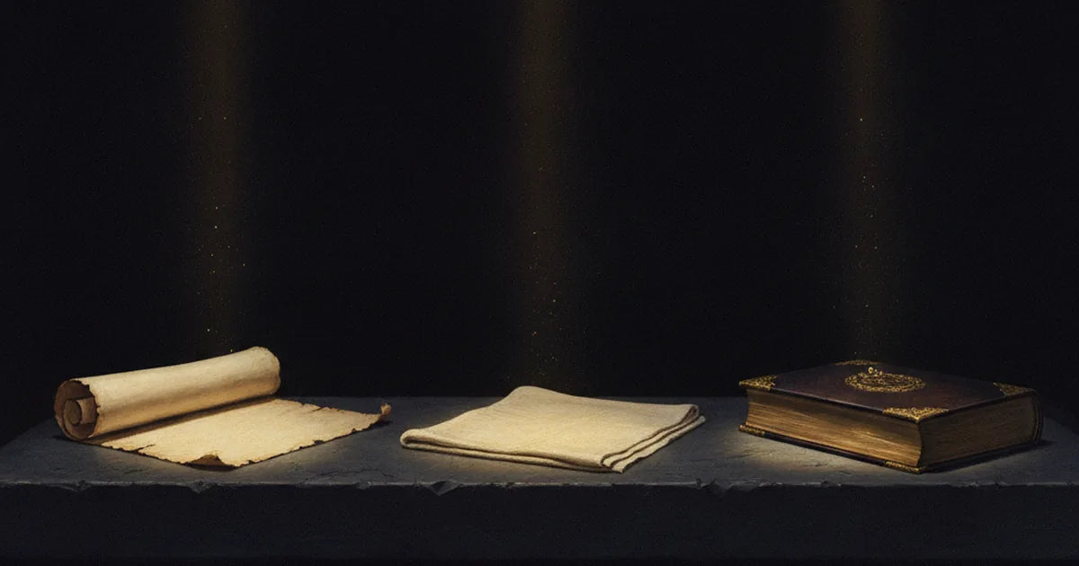 Tre fasci di luce su un tavolo di pietra illuminano un rotolo, un panno vuoto e un libro chiuso: le tre forme della rivelazione