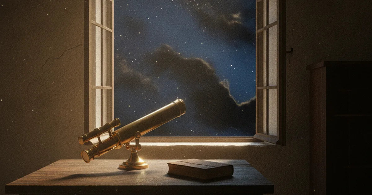Telescopio d'ottone puntato al cielo stellato da una finestra in penombra
