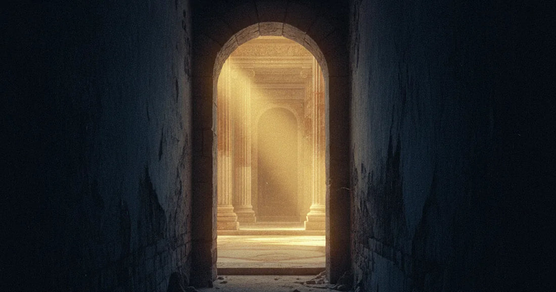 Soglia tra un cunicolo di catacombe in ombra e un'aula imperiale inondata di luce dorata