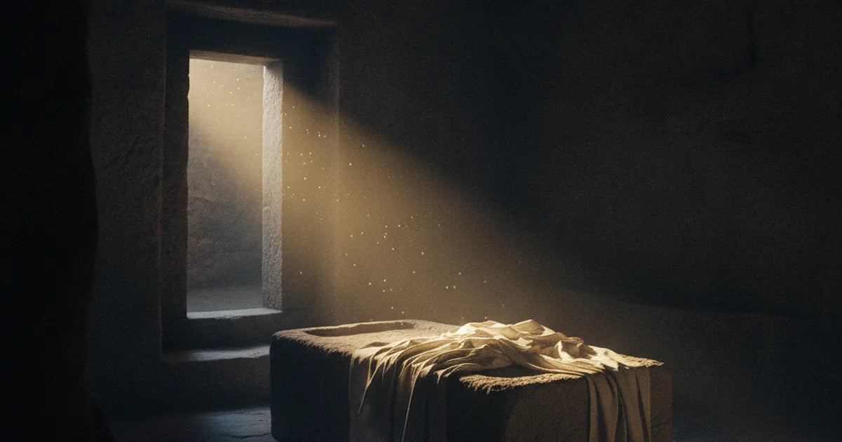 Interno di un antico sepolcro vuoto, lenzuola funebri abbandonate e un raggio di luce dorata dall'ingresso.