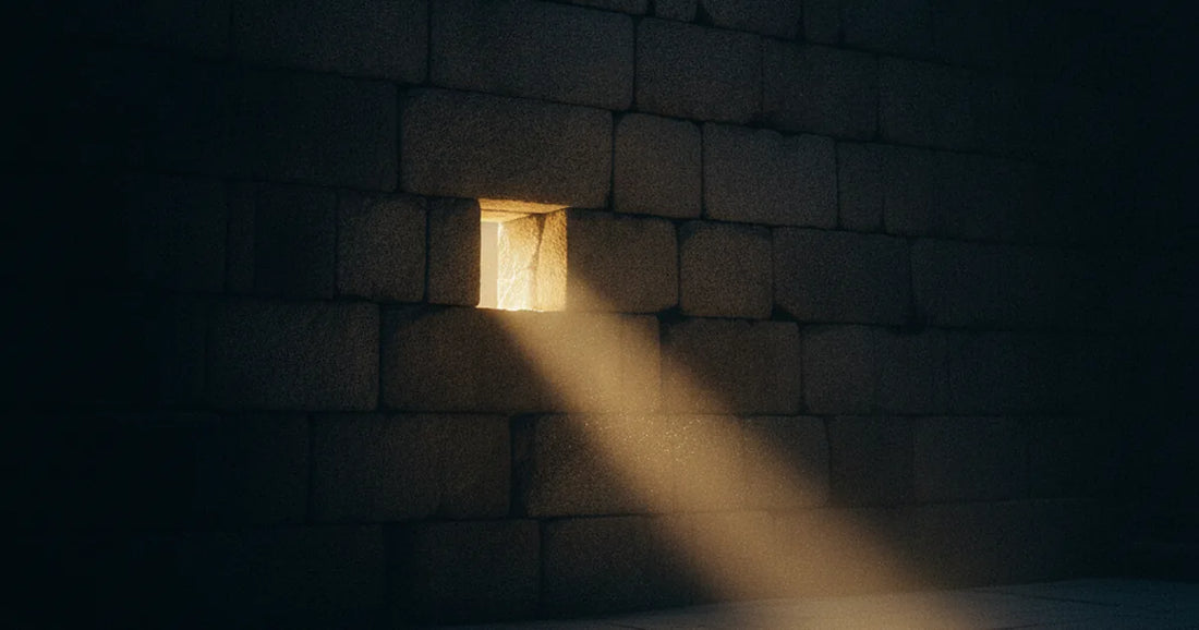 Una piccola apertura in un'antica parete di pietra lascia passare un fascio di luce dorata nel buio.