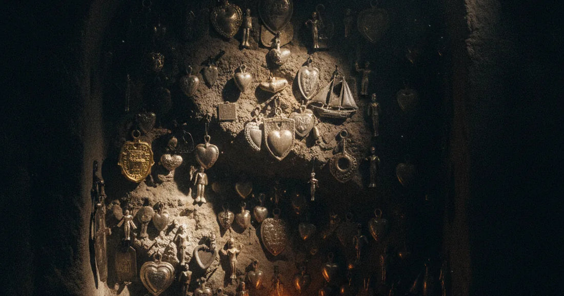 Nicchia votiva con ex-voto d'argento illuminati da una candela nella penombra
