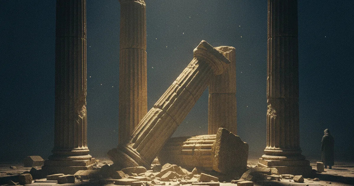 Tre colonne antiche in rovina, una spezzata a terra, sotto una luce drammatica notturna