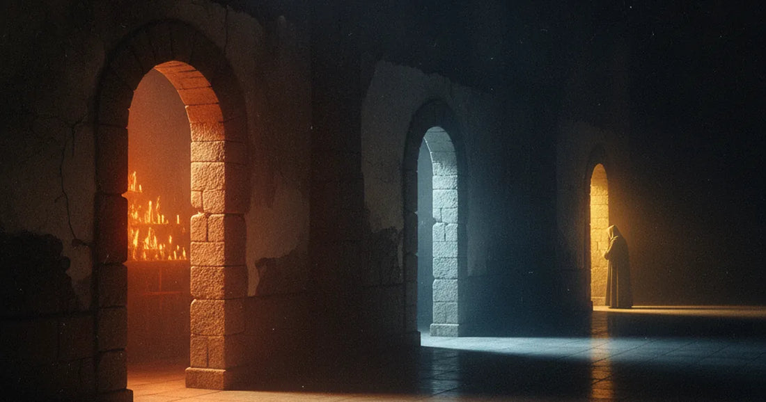 Tre porte di pietra in un corridoio buio, ciascuna illuminata in modo diverso, simbolo delle tre vie alla fede