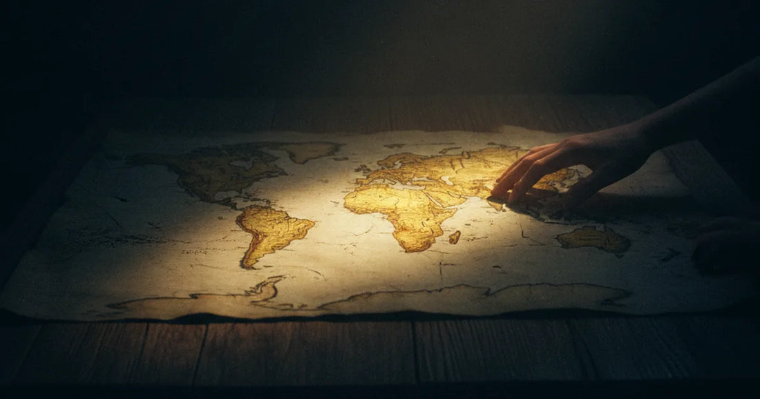 Antica mappa del mondo illuminata a sud, il resto nell'ombra blu notte
