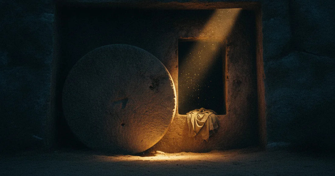 Ingresso di un'antica tomba scavata nella roccia, pietra rotolata, luce dorata che penetra nel buio vuoto