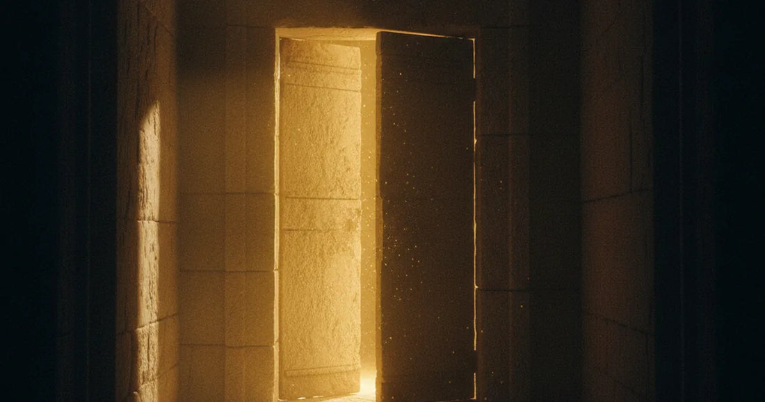 Antica porta di pietra socchiusa in un corridoio buio, un fascio di luce dorata filtra dalla fessura
