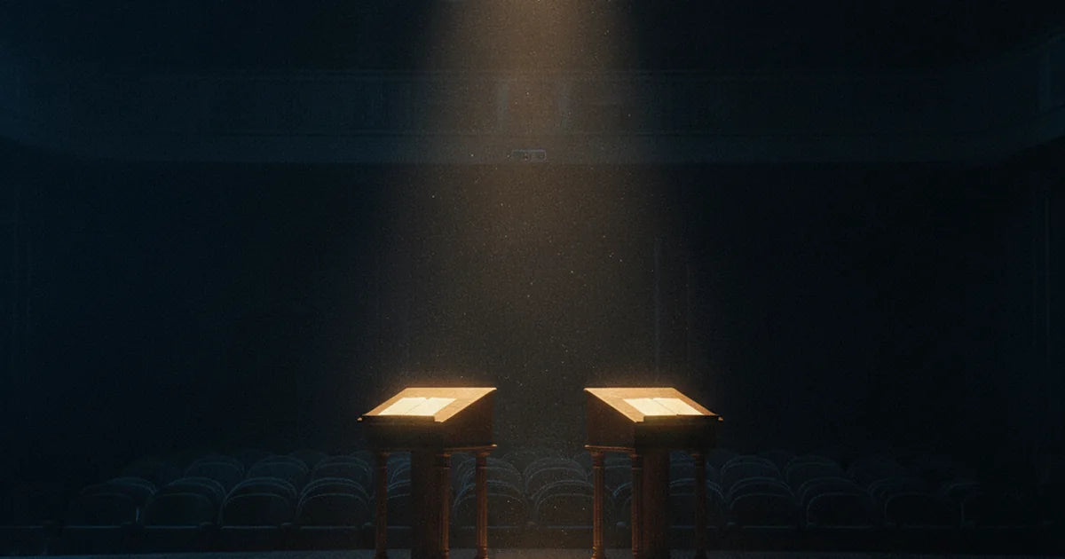 Due leggii vuoti su un palco, uno illuminato e l'altro in ombra, in un auditorium notturno