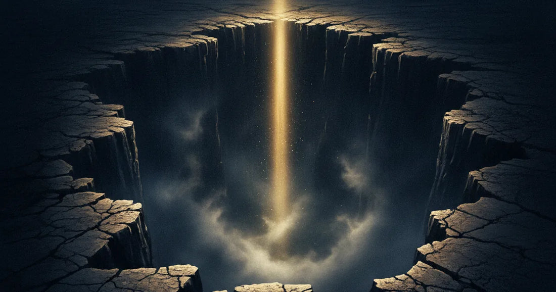 Un profondo crepaccio nella roccia attraversato da un fascio di luce, immagine del male naturale