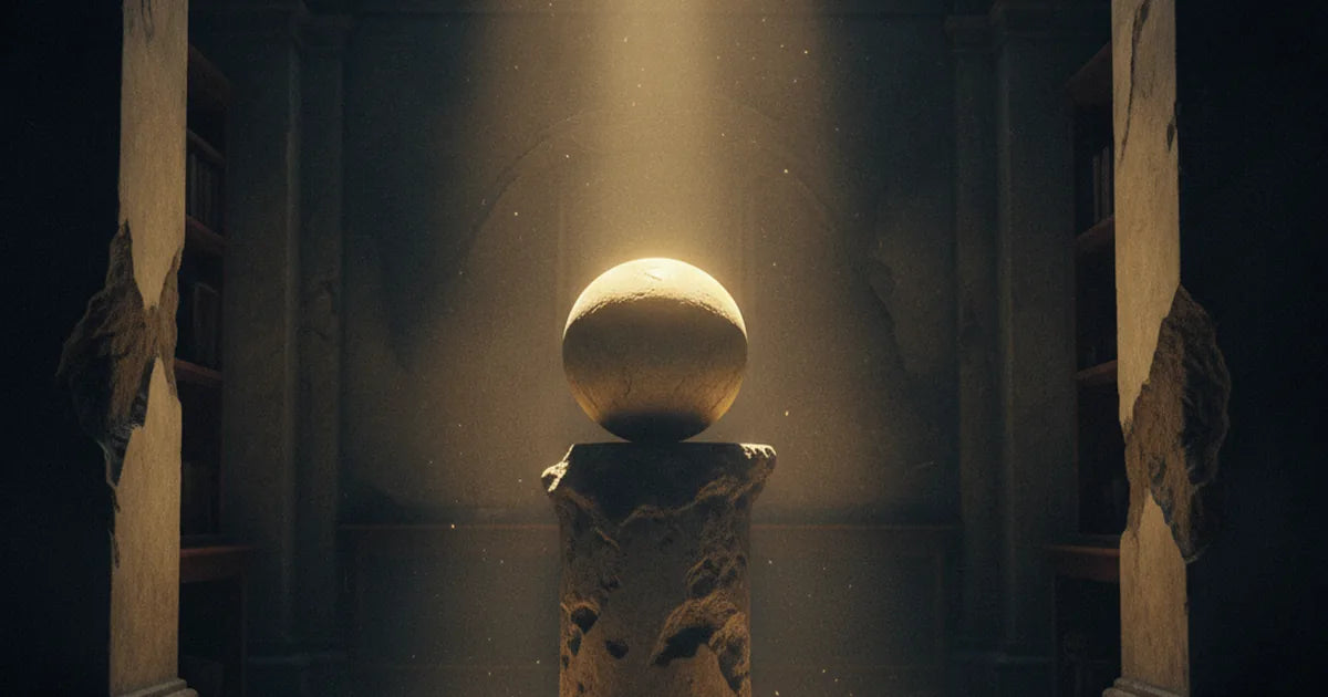 Una sfera di pietra perfetta illuminata da un fascio di luce in uno scriptorium monastico vuoto.