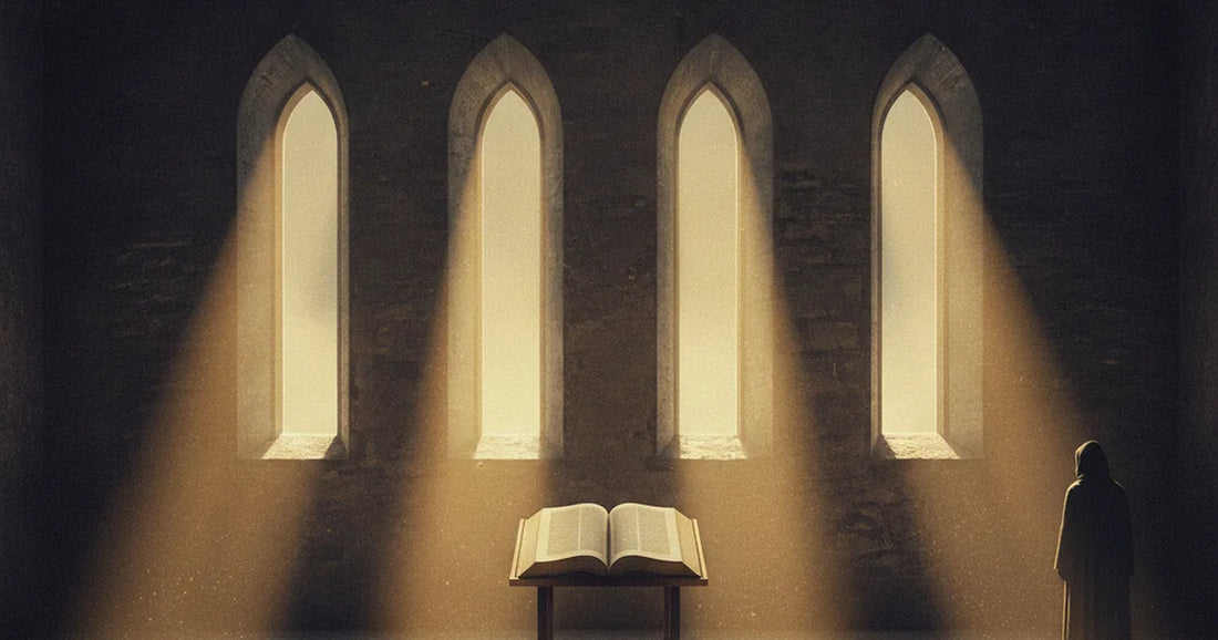 Quattro finestre ad arco proiettano quattro fasci di luce che convergono su un unico libro aperto su un leggio