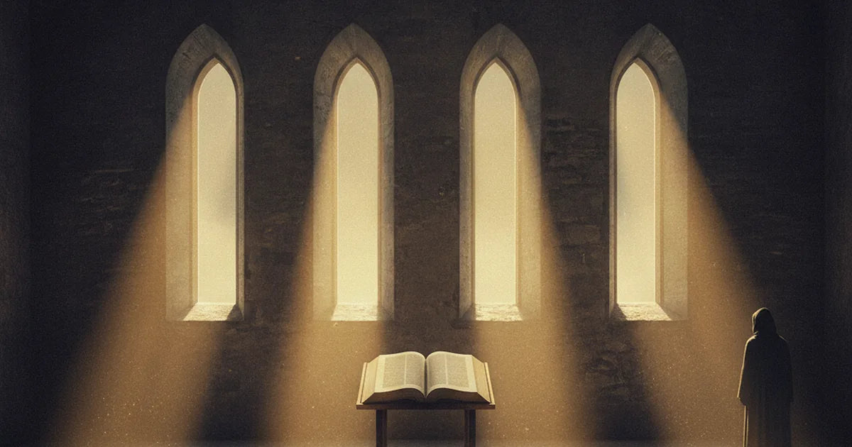Quattro finestre ad arco proiettano quattro fasci di luce che convergono su un unico libro aperto su un leggio