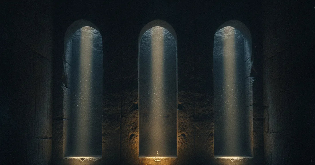 Tre nicchie di pietra antica illuminate da fasci di luce diversi, simbolo dei tre cammini verso l'aldilà