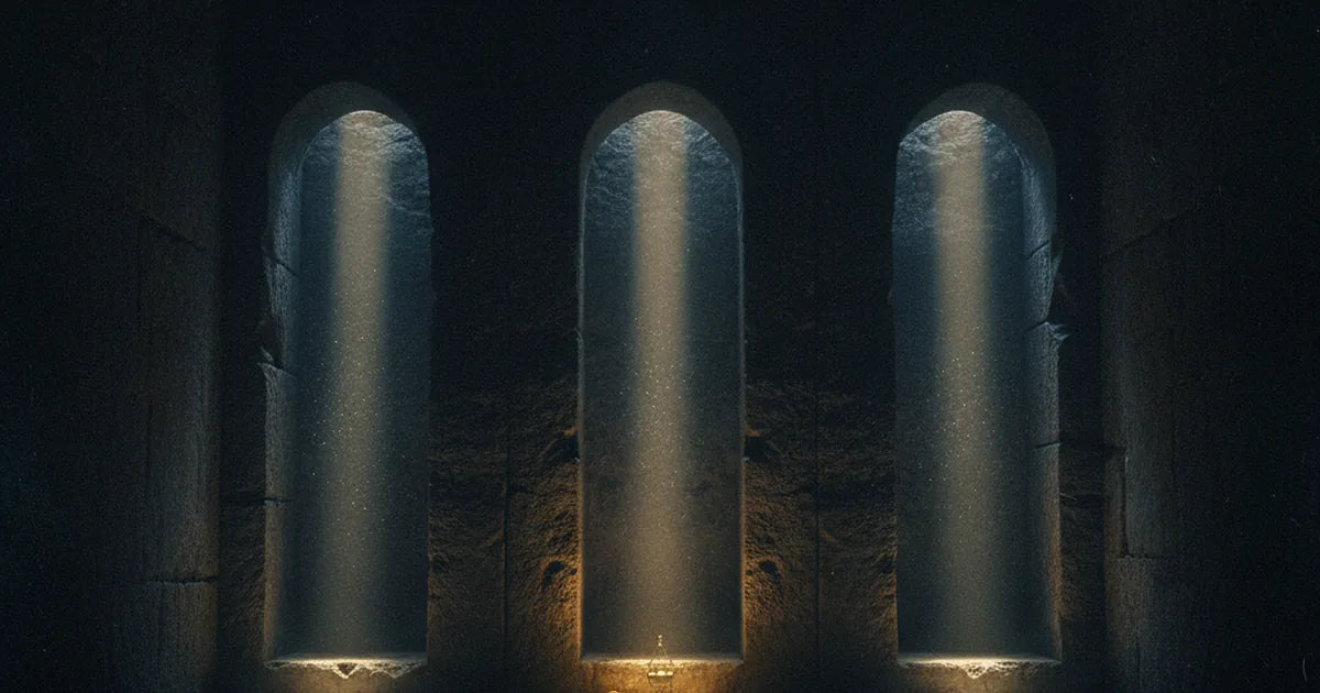 Tre nicchie di pietra antica illuminate da fasci di luce diversi, simbolo dei tre cammini verso l'aldilà