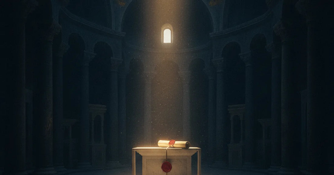 Altare marmoreo isolato in un'immensa basilica bizantina, illuminato da un raggio di luce dorata