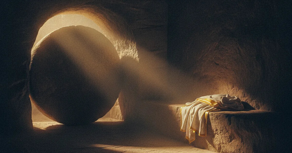 Interno di una tomba scavata nella roccia, vuota, con un telo ripiegato illuminato da un fascio di luce all'alba