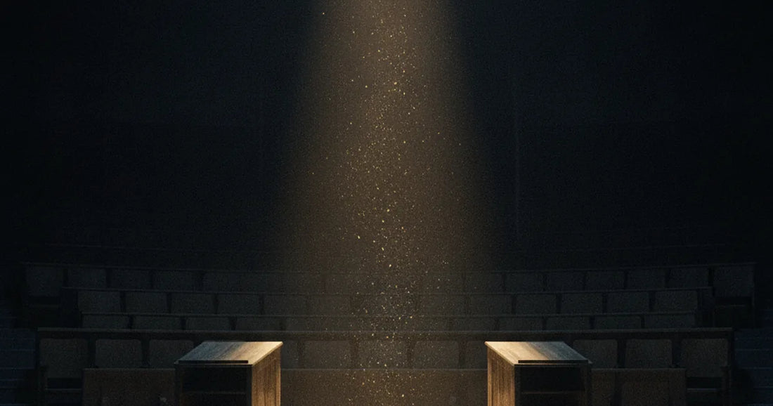 Due leggii vuoti si fronteggiano su un palco in un'aula magna immersa nella penombra.