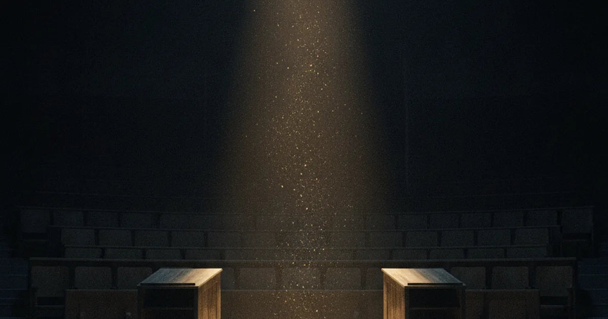 Due leggii vuoti si fronteggiano su un palco in un'aula magna immersa nella penombra.