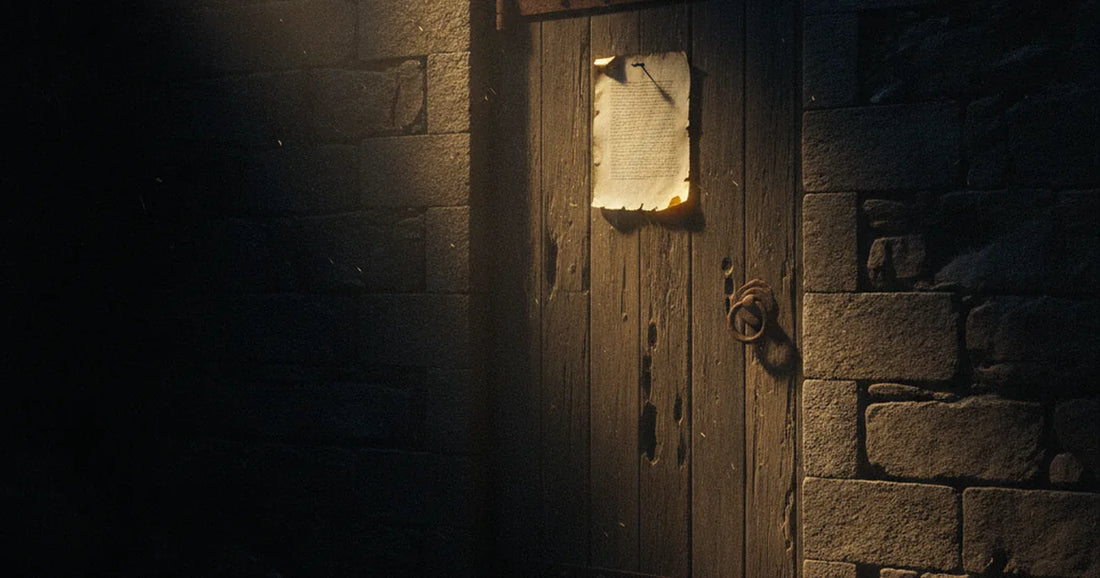 Antica porta di legno di scorcio con un foglio inchiodato, illuminato da un raggio di luce drammatica