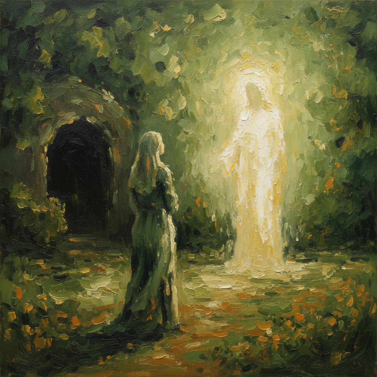 Sentiero di giardino con luce intensa tra i rami e un velo bianco lasciato a terra, nessuna figura definita.