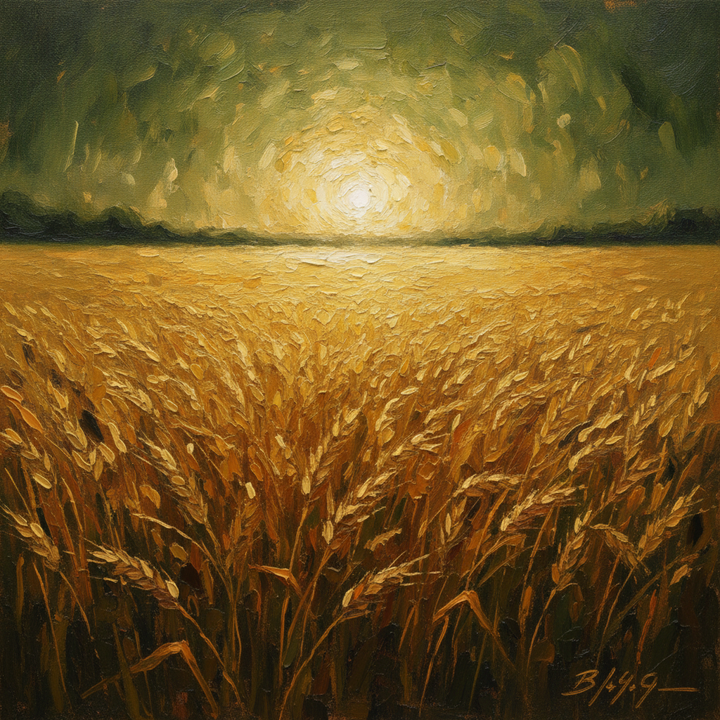 Incisione color ambra: campo di grano maturo e dorato, mosso dal vento, senza mietitori presenti.