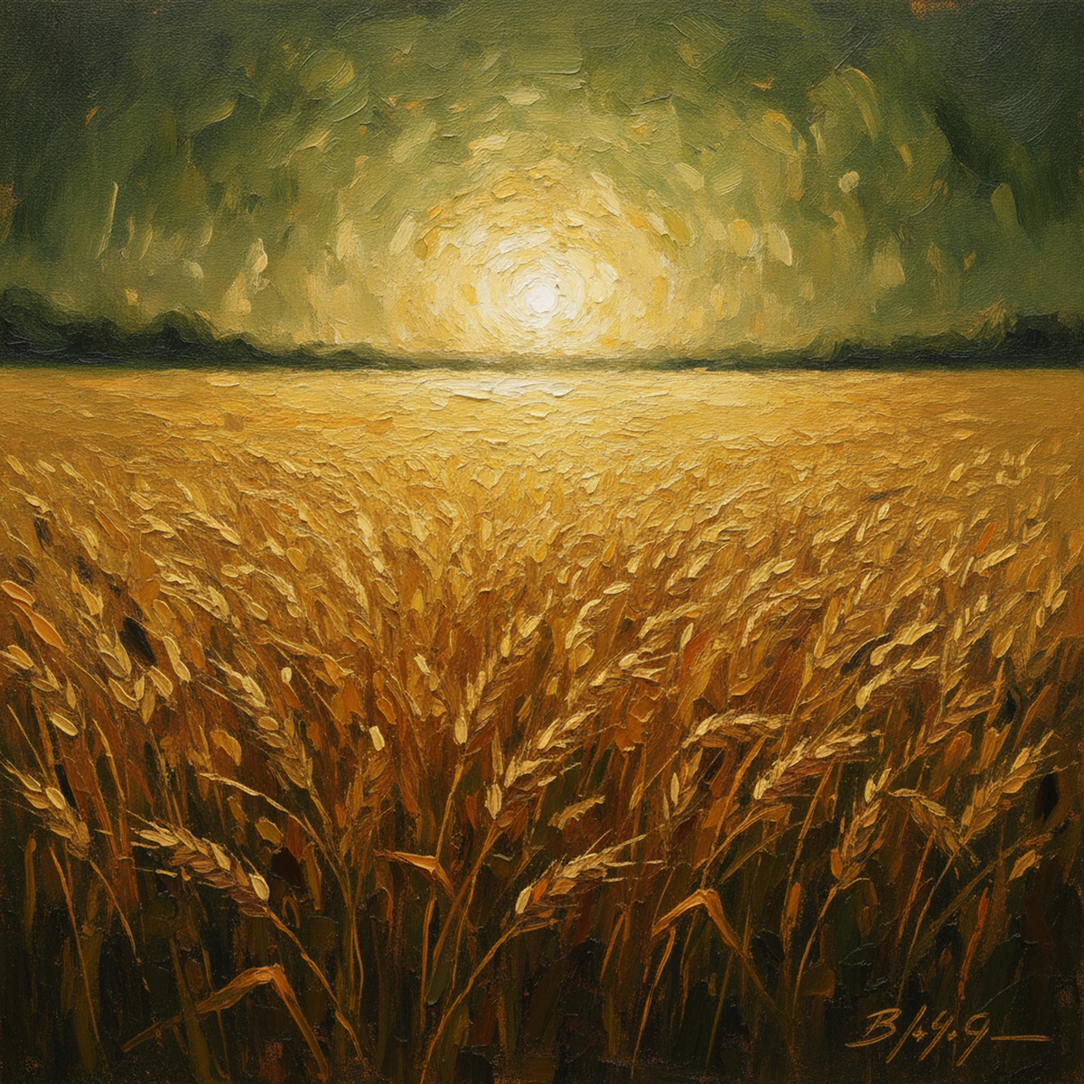 Incisione color ambra: campo di grano maturo e dorato, mosso dal vento, senza mietitori presenti.