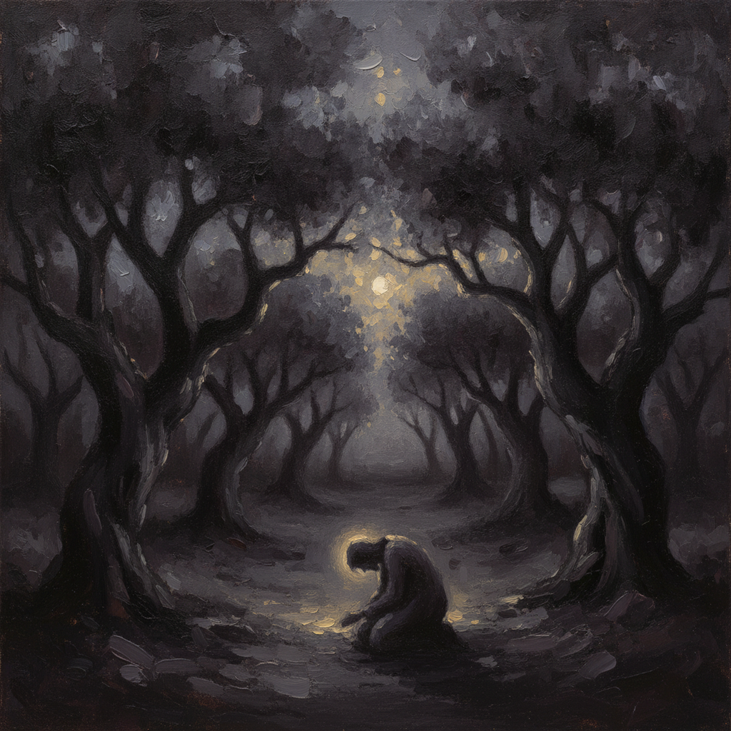 Ulivi contorti nella notte con luce tenue tra i rami, silenzio dell'orto, incisione monocromatica grafite.